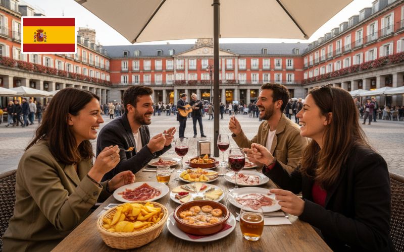Quatre amis mangeant des tapas à Madrid, sur la Plaza Mayor.