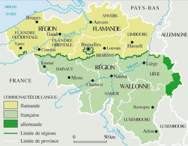 Carte de la Belgique représentant la diversité linguistique.