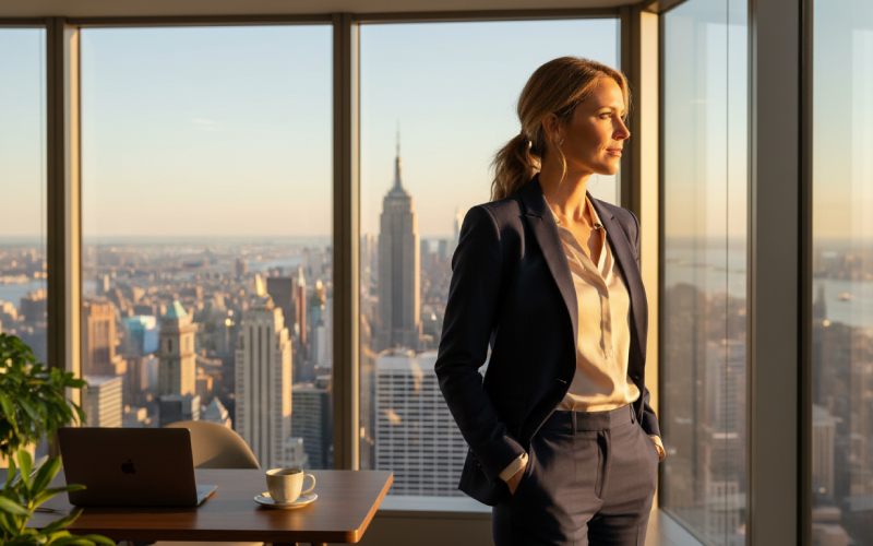 Une femme d'affaires qui regardent la skyline de New York.