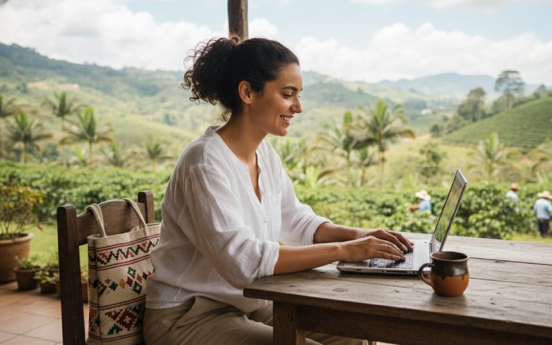 Une femme travaillant à distance en Colombie avec une vallée en arrière plan.