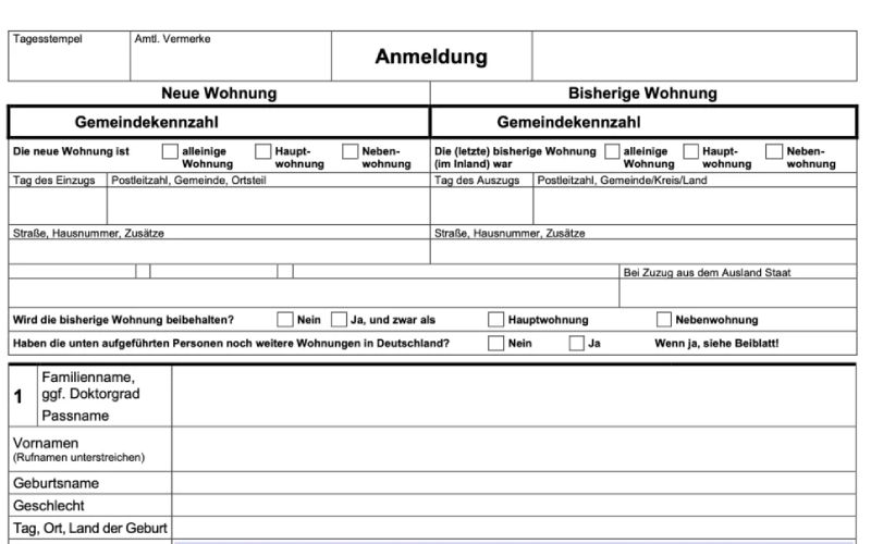 Le formulaire Amneldung permettant de s'enregistrer dans une mairie en Allemagne. 