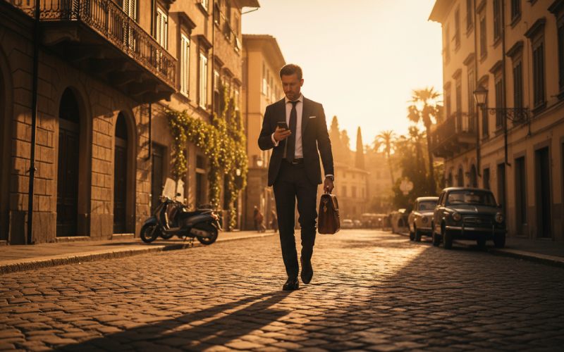 Un homme élégant marchant dans une rue italienne.