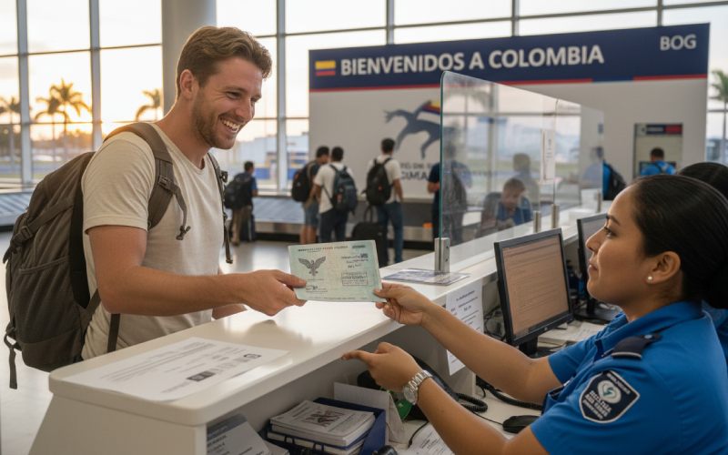 Un homme recevant son visa par une douanière à l'aéroport de Bogota.