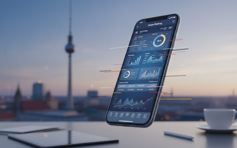 Image d'une application mobile d'une banque avec Berlin en Arrière plan. 