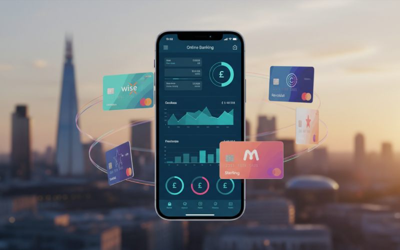 Image de plusieurs cartes bancaires tournant autour d'un téléphone ayant une application bancaire mobile. 