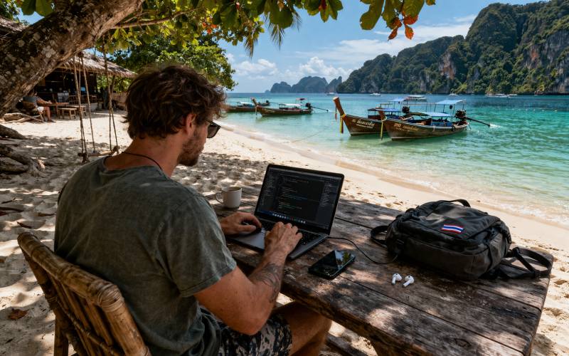 Un digital nomade en thaïlande avec une belle plage.