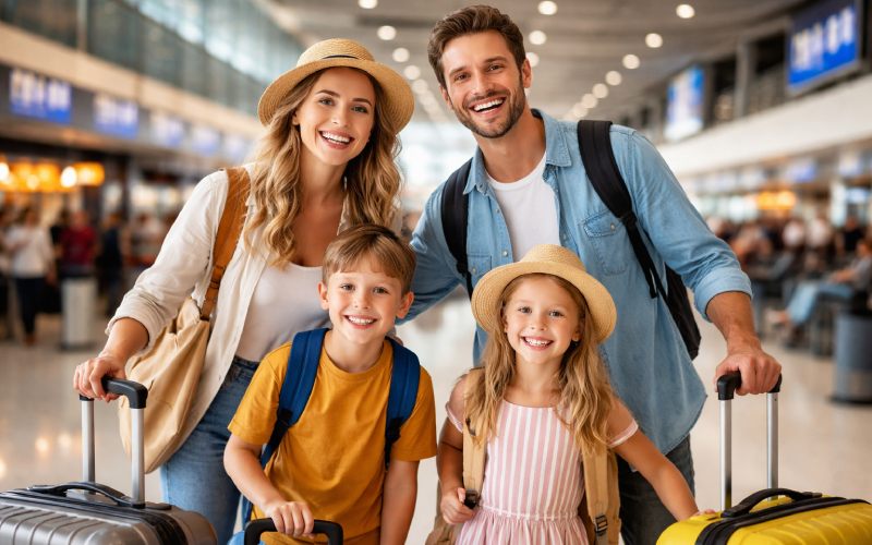 Une famille française heureuse de partir à l'étranger.