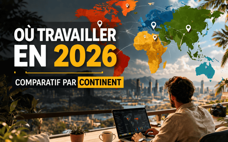 Nomade digital travaillant sur un ordinateur portable avec une carte du monde en arrière-plan illustrant les opportunités de travail par continent en 2026.