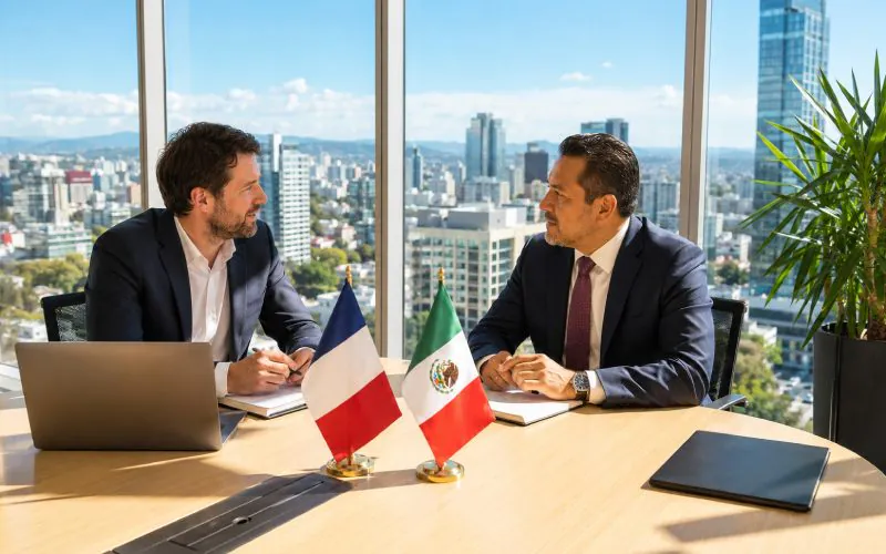 Une réunion professionnelle entre un français et un mexicain avec vue sur une ville mexicaine.